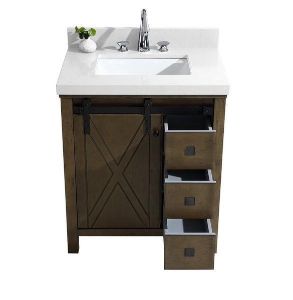 Marsyas Veluti 30" Rustic Brown Single Vanity, White Quartz Top, White Square Sink and no Mirror - Luxe Bathroom Vanities Luxury Bathroom Fixtures Bathroom Furniture