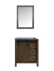 Lexora Marsyas Veluti 30" Single Vanity, Grey Quartz Top, White Square Sink and 28" Mirror w/ Faucet - Luxe Bathroom Vanities