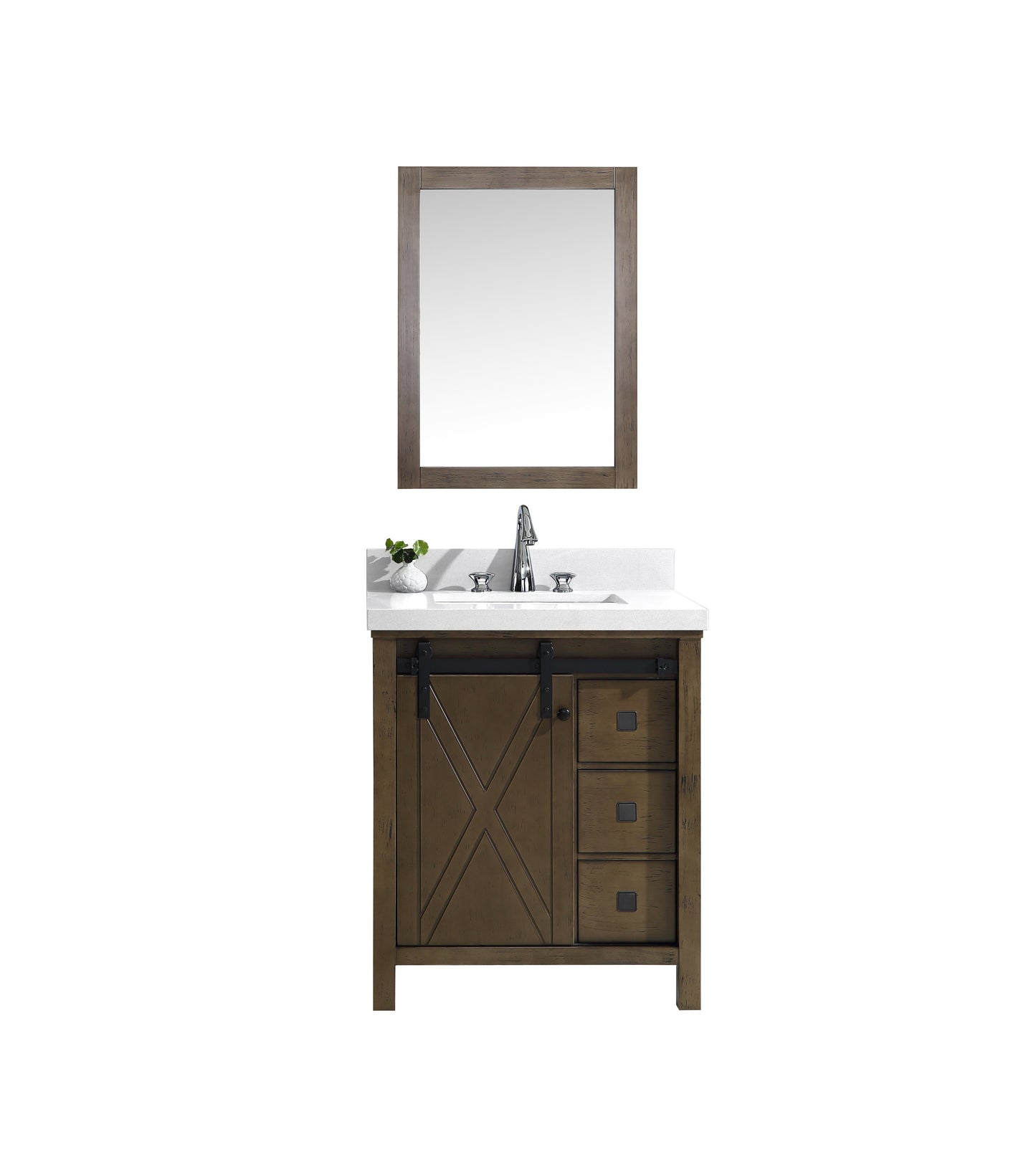 Marsyas Veluti 30" Rustic Brown Single Vanity, White Quartz Top, White Square Sink and 28" Mirror - Luxe Bathroom Vanities Luxury Bathroom Fixtures Bathroom Furniture