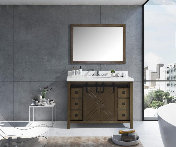 Marsyas Veluti 48" Rustic Brown Single Vanity, White Quartz Top, White Square Sink and 44" Mirror - Luxe Bathroom Vanities Luxury Bathroom Fixtures Bathroom Furniture