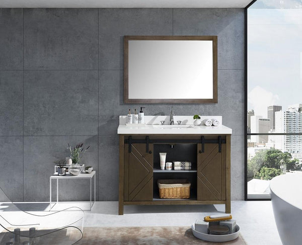 Marsyas Veluti 48" Rustic Brown Single Vanity, White Quartz Top, White Square Sink and 44" Mirror - Luxe Bathroom Vanities Luxury Bathroom Fixtures Bathroom Furniture