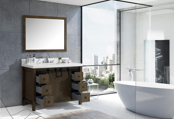 Marsyas Veluti 48" Rustic Brown Single Vanity, White Quartz Top, White Square Sink and 44" Mirror - Luxe Bathroom Vanities Luxury Bathroom Fixtures Bathroom Furniture