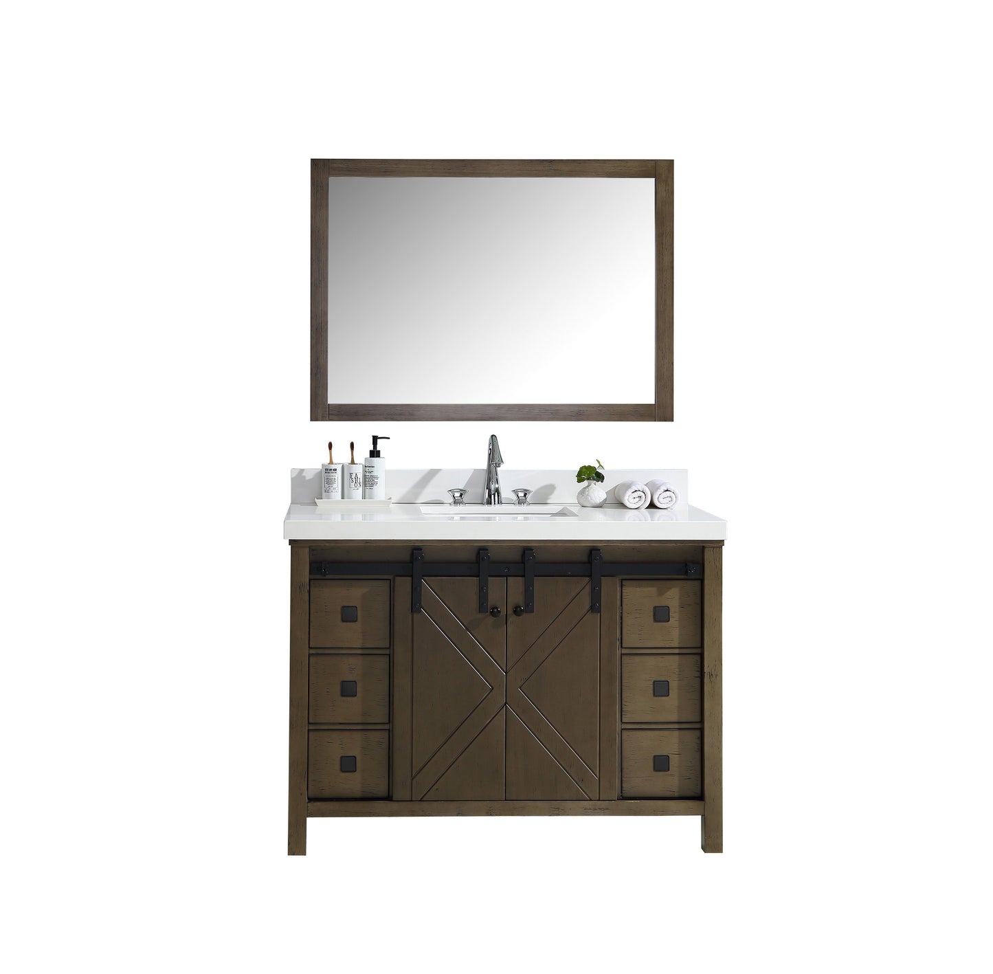 Marsyas Veluti 48" Rustic Brown Single Vanity, White Quartz Top, White Square Sink and 44" Mirror - Luxe Bathroom Vanities Luxury Bathroom Fixtures Bathroom Furniture