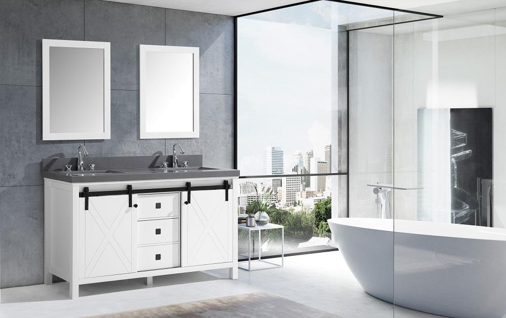 Marsyas Veluti 60" White Double Vanity, Grey Quartz Top, White Square Sinks and 24" Mirrors - Luxe Bathroom Vanities Luxury Bathroom Fixtures Bathroom Furniture