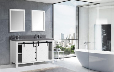 Marsyas Veluti 60" White Double Vanity, Grey Quartz Top, White Square Sinks and 24" Mirrors - Luxe Bathroom Vanities Luxury Bathroom Fixtures Bathroom Furniture