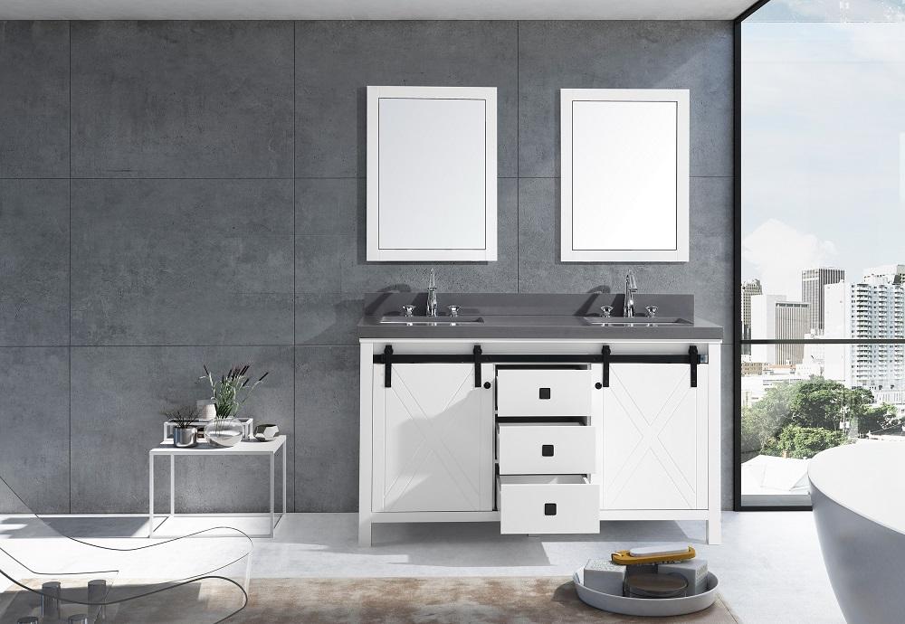 Marsyas Veluti 60" White Double Vanity, Grey Quartz Top, White Square Sinks and 24" Mirrors - Luxe Bathroom Vanities Luxury Bathroom Fixtures Bathroom Furniture