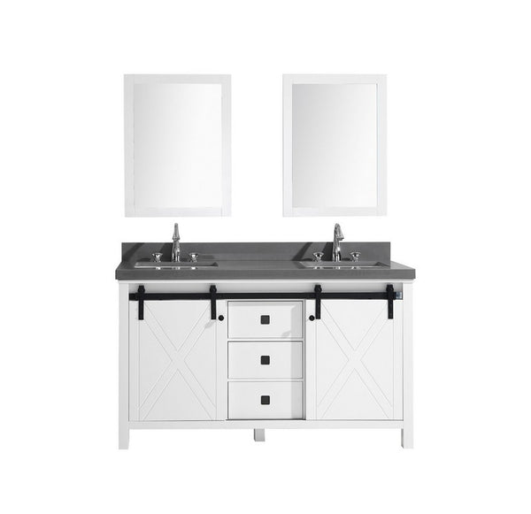 Lexora Marsyas Veluti 60" Double Vanity, Grey Quartz Top, White Square Sinks and 24" Mirrors w/ Faucets - Luxe Bathroom Vanities