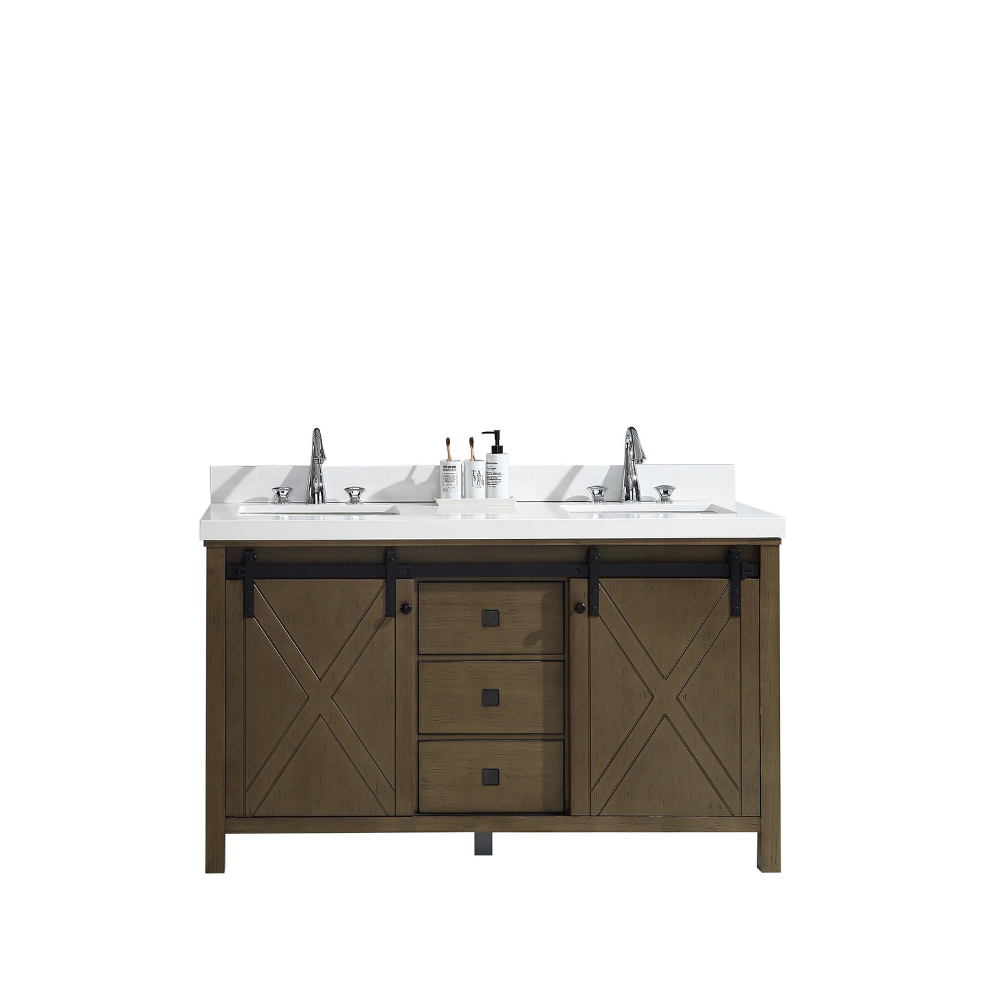 Marsyas Veluti 60" Rustic Brown Double Vanity, White Quartz Top, White Square Sinks and no Mirror - Luxe Bathroom Vanities Luxury Bathroom Fixtures Bathroom Furniture