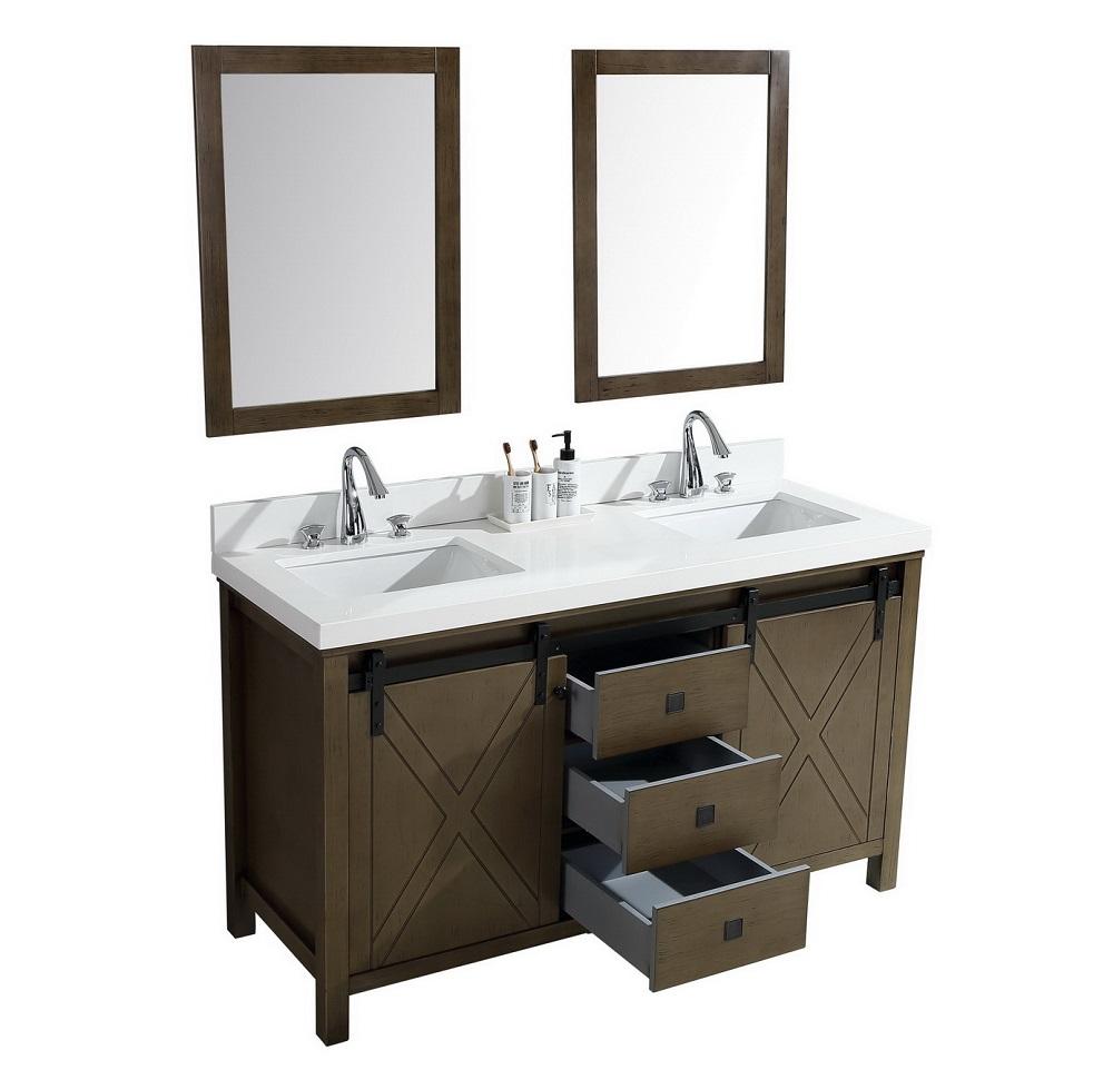 Marsyas Veluti 60" Rustic Brown Double Vanity, White Quartz Top, White Square Sinks and 24" Mirrors - Luxe Bathroom Vanities Luxury Bathroom Fixtures Bathroom Furniture