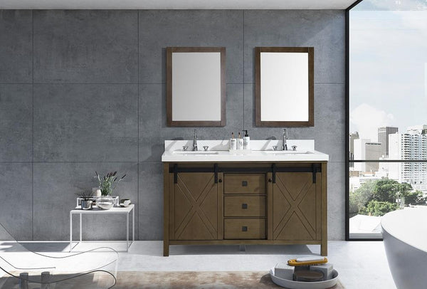 Marsyas Veluti 60" Rustic Brown Double Vanity, White Quartz Top, White Square Sinks and 24" Mirrors - Luxe Bathroom Vanities Luxury Bathroom Fixtures Bathroom Furniture