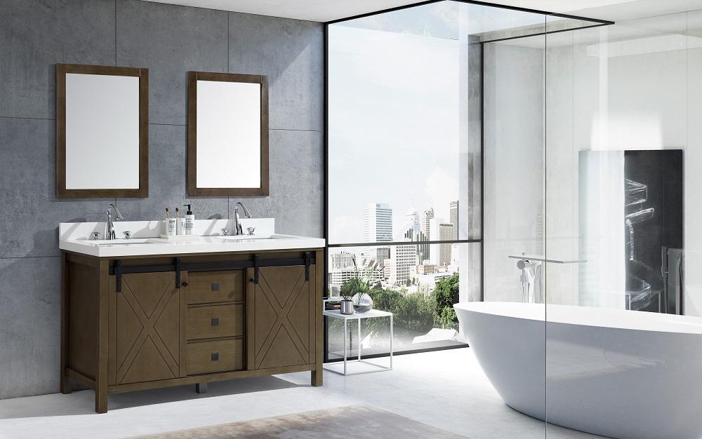 Marsyas Veluti 60" Rustic Brown Double Vanity, White Quartz Top, White Square Sinks and 24" Mirrors - Luxe Bathroom Vanities Luxury Bathroom Fixtures Bathroom Furniture