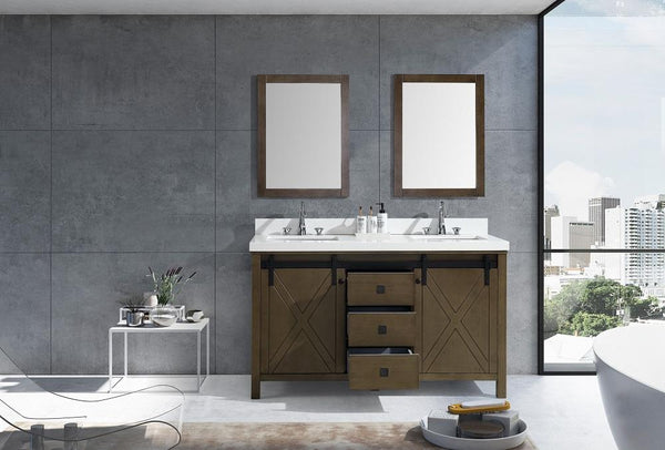 Marsyas Veluti 60" Rustic Brown Double Vanity, White Quartz Top, White Square Sinks and 24" Mirrors - Luxe Bathroom Vanities Luxury Bathroom Fixtures Bathroom Furniture