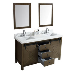 Lexora Marsyas Veluti 60" Double Vanity, Grey Quartz Top, White Square Sinks and 24" Mirrors w/ Faucets - Luxe Bathroom Vanities