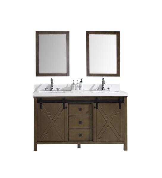 Lexora Marsyas Veluti 60" Double Vanity, Grey Quartz Top, White Square Sinks and 24" Mirrors w/ Faucets - Luxe Bathroom Vanities