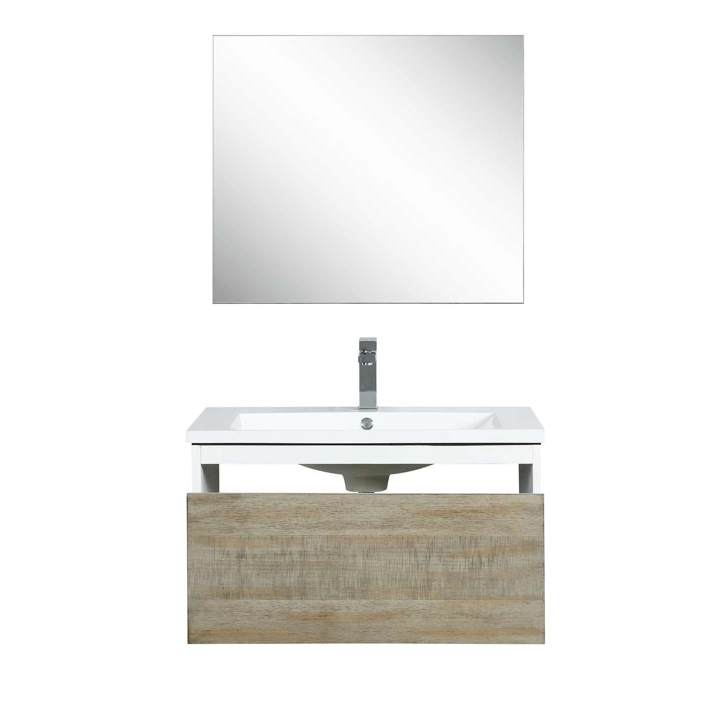 Lexora Scopi 30" Rustic Acacia Bathroom Vanity, Acrylic Composite Top with Integrated Sink, Faucet Set, and 28" Frameless Mirror - Luxe Bathroom Vanities