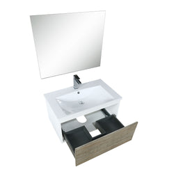 Lexora Scopi 30" Rustic Acacia Bathroom Vanity, Acrylic Composite Top with Integrated Sink, Faucet Set, and 28" Frameless Mirror - Luxe Bathroom Vanities