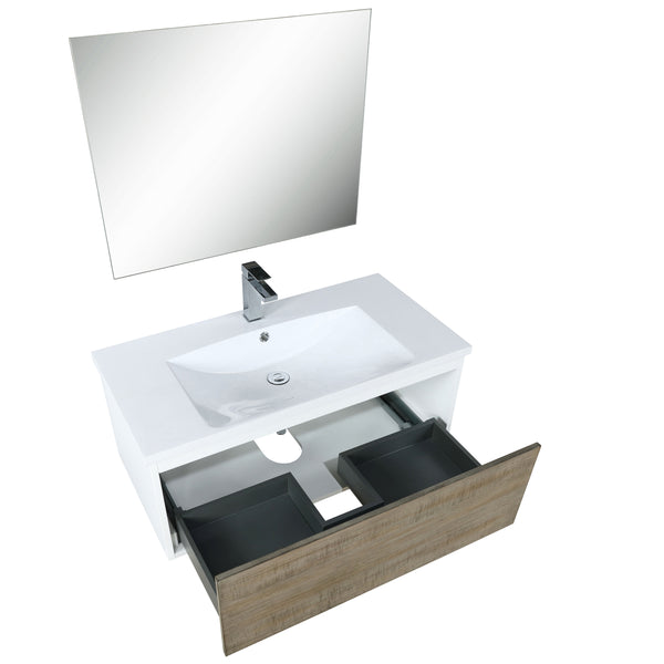 Lexora Scopi 36" Rustic Acacia Bathroom Vanity, Acrylic Composite Top with Integrated Sink, Faucet Set, and 28" Frameless Mirror - Luxe Bathroom Vanities