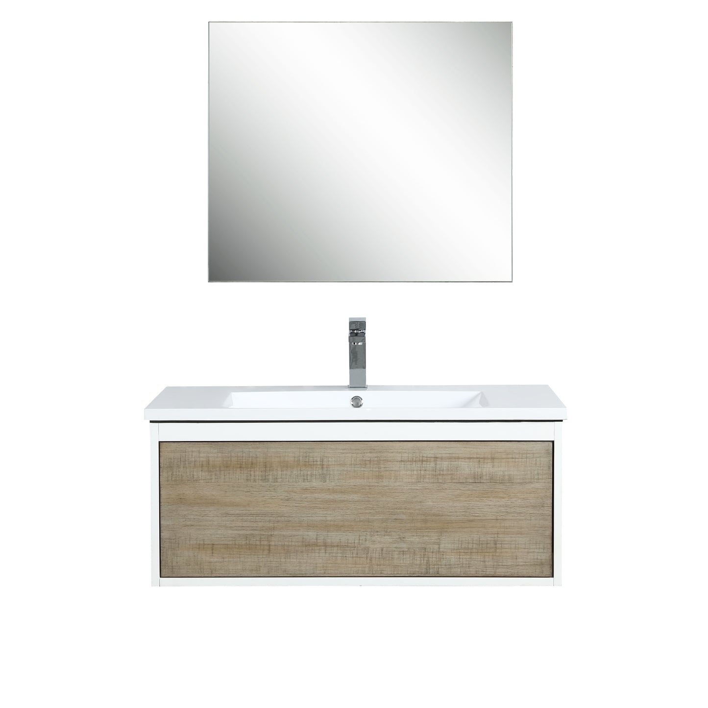 Lexora Scopi 36" Rustic Acacia Bathroom Vanity, Acrylic Composite Top with Integrated Sink, Faucet Set, and 28" Frameless Mirror - Luxe Bathroom Vanities