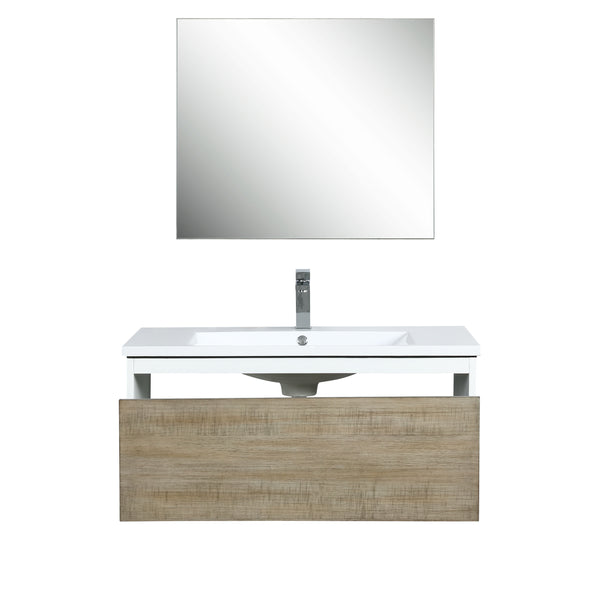 Lexora Scopi 36" Rustic Acacia Bathroom Vanity, Acrylic Composite Top with Integrated Sink, Faucet Set, and 28" Frameless Mirror - Luxe Bathroom Vanities