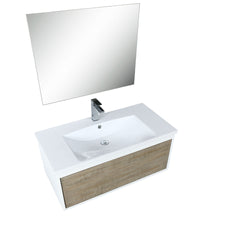 Lexora Scopi 36" Rustic Acacia Bathroom Vanity, Acrylic Composite Top with Integrated Sink, Faucet Set, and 28" Frameless Mirror - Luxe Bathroom Vanities