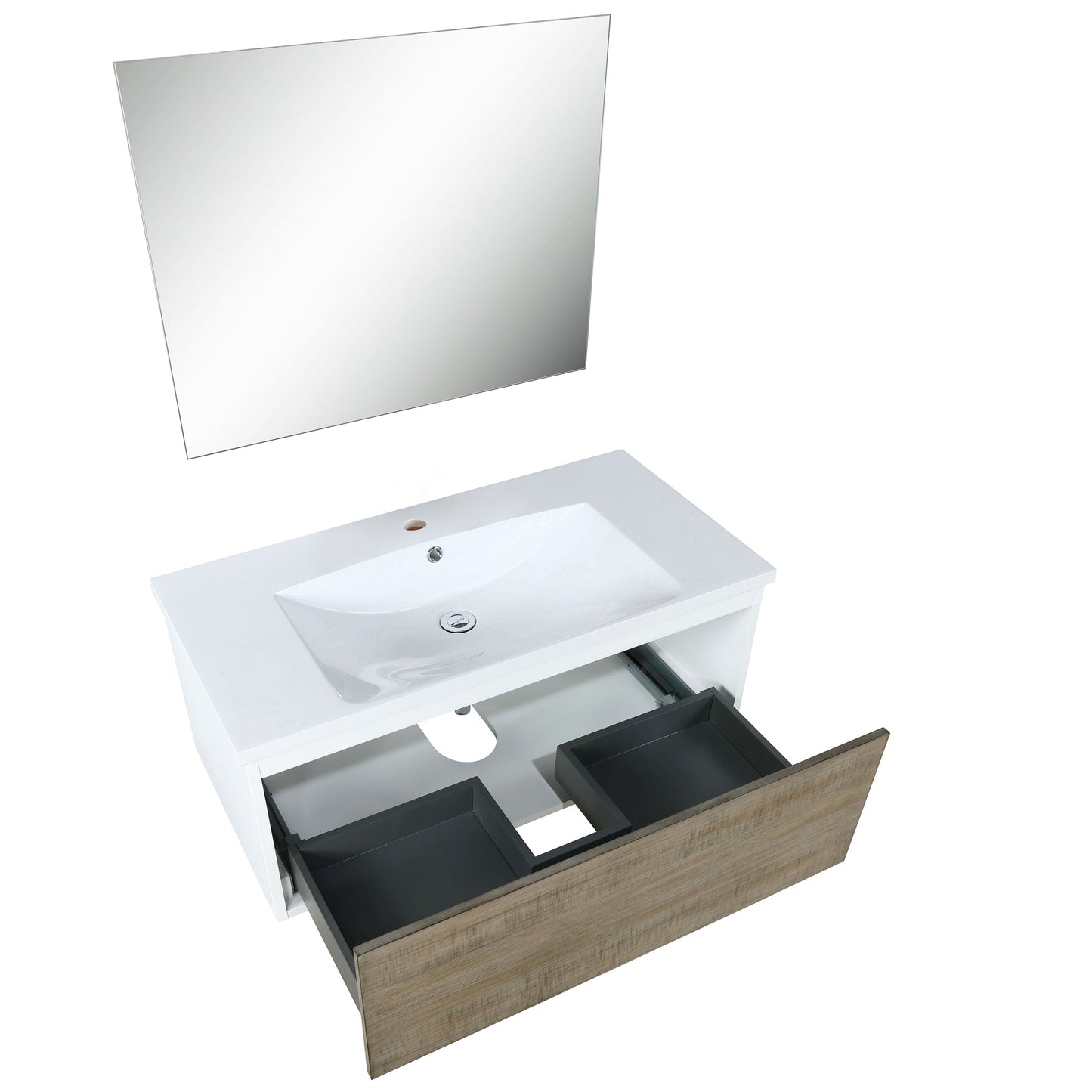 Lexora Scopi 36" Rustic Acacia Bathroom Vanity, Acrylic Composite Top with Integrated Sink, and 28" Frameless Mirror - Luxe Bathroom Vanities
