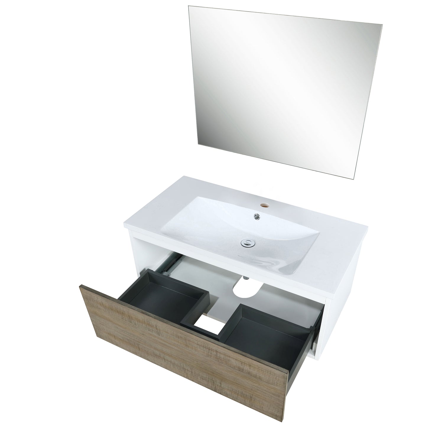 Lexora Scopi 36" Rustic Acacia Bathroom Vanity, Acrylic Composite Top with Integrated Sink, and 28" Frameless Mirror - Luxe Bathroom Vanities