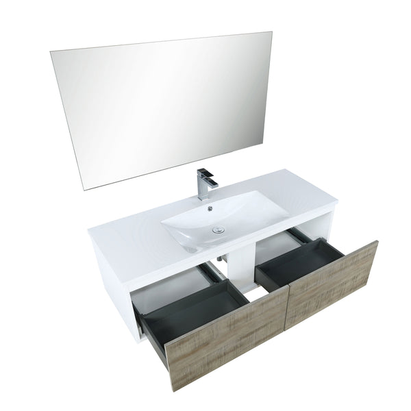Lexora Scopi 48" Rustic Acacia Bathroom Vanity, Acrylic Composite Top with Integrated Sink, Faucet Set, and 43" Frameless Mirror - Luxe Bathroom Vanities