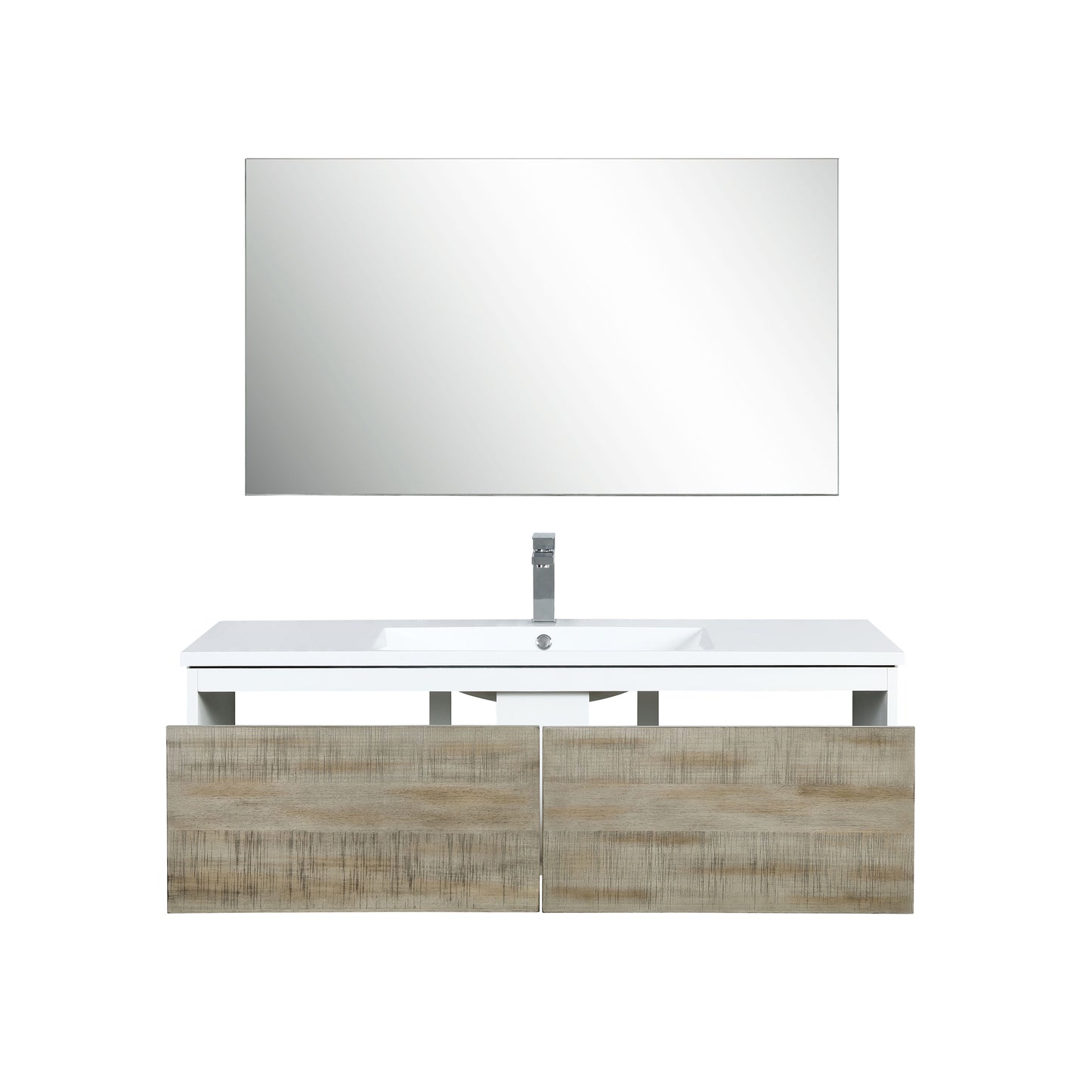 Lexora Scopi 48" Rustic Acacia Bathroom Vanity, Acrylic Composite Top with Integrated Sink, Faucet Set, and 43" Frameless Mirror - Luxe Bathroom Vanities