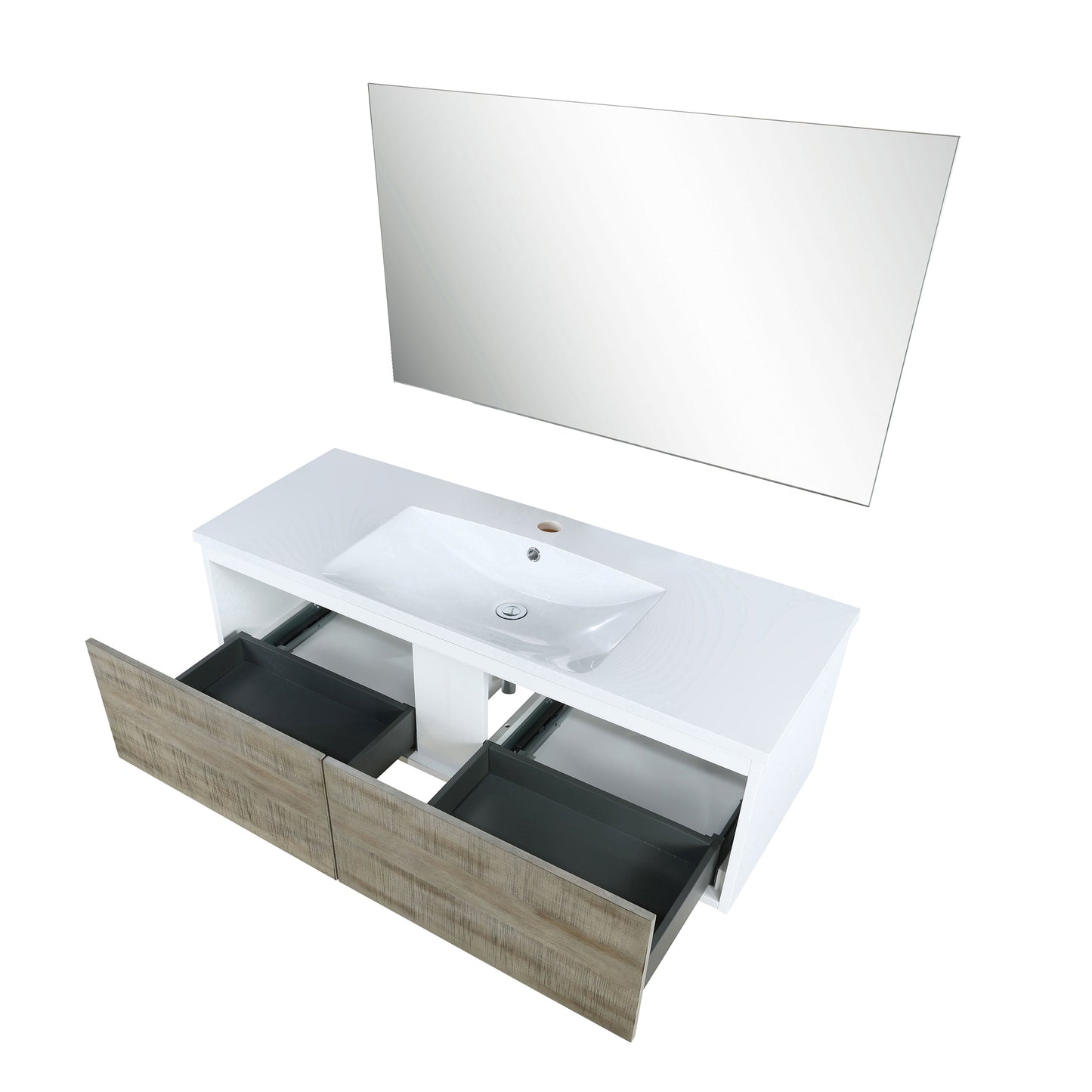 Lexora Scopi 48" Rustic Acacia Bathroom Vanity, Acrylic Composite Top with Integrated Sink, and 43" Frameless Mirror - Luxe Bathroom Vanities