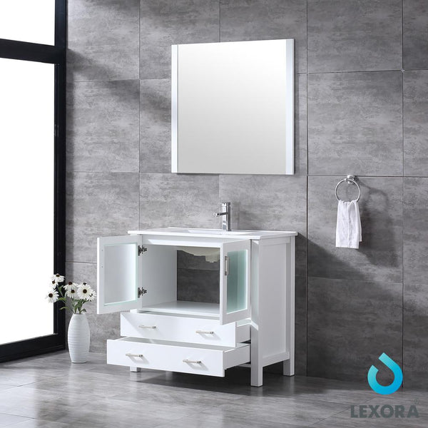 Volez 36" Single Vanity, Integrated Top, White Integrated Square Sink and 34" Mirror - Luxe Bathroom Vanities Luxury Bathroom Fixtures Bathroom Furniture