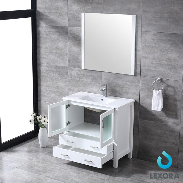 Volez 36" Single Vanity, Integrated Top, White Integrated Square Sink and 34" Mirror - Luxe Bathroom Vanities Luxury Bathroom Fixtures Bathroom Furniture