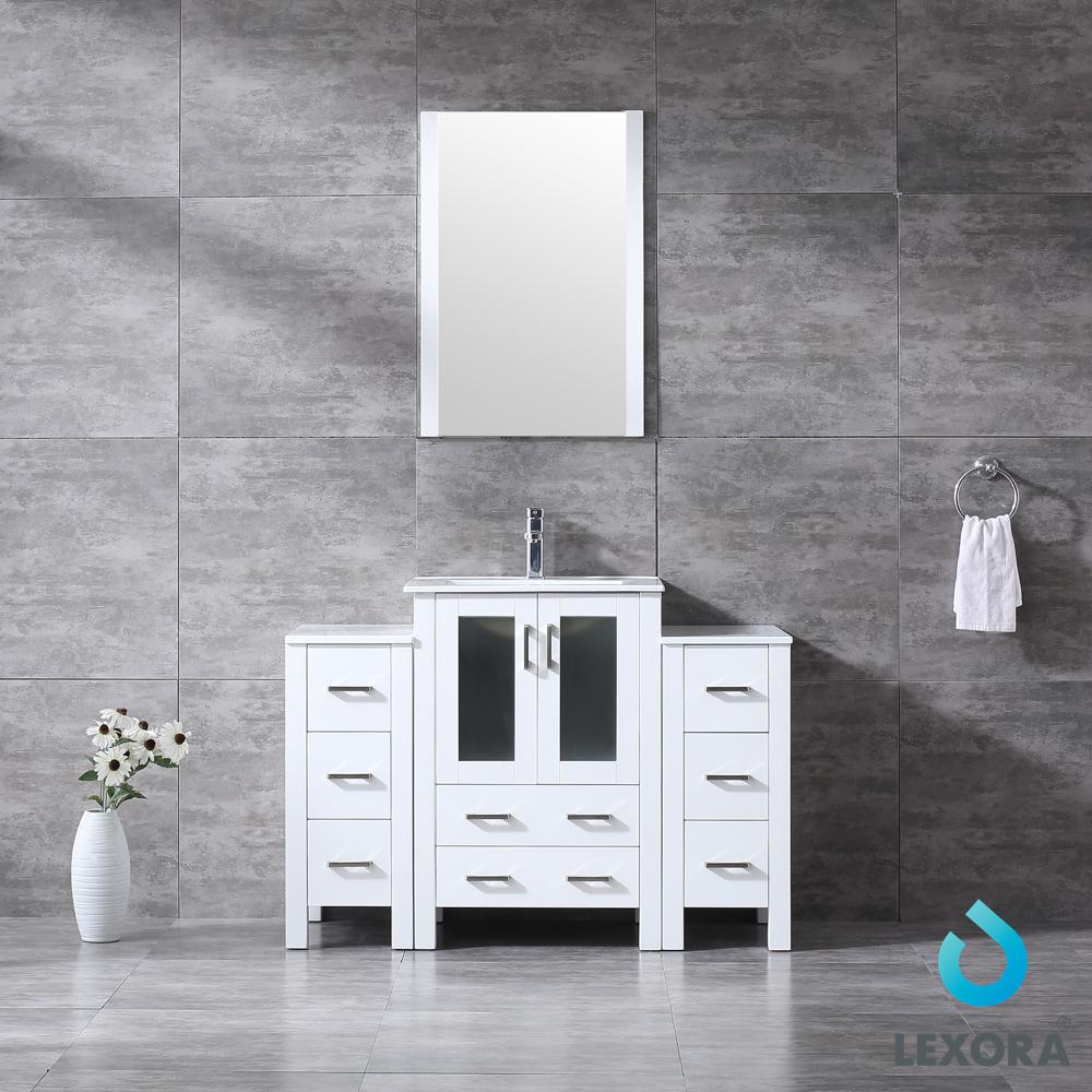 Volez 48" White Single Vanity w/ 2 Side Cabinets, Integrated Top, White Integrated Square Sink and 22" Mirror - Luxe Bathroom Vanities Luxury Bathroom Fixtures Bathroom Furniture