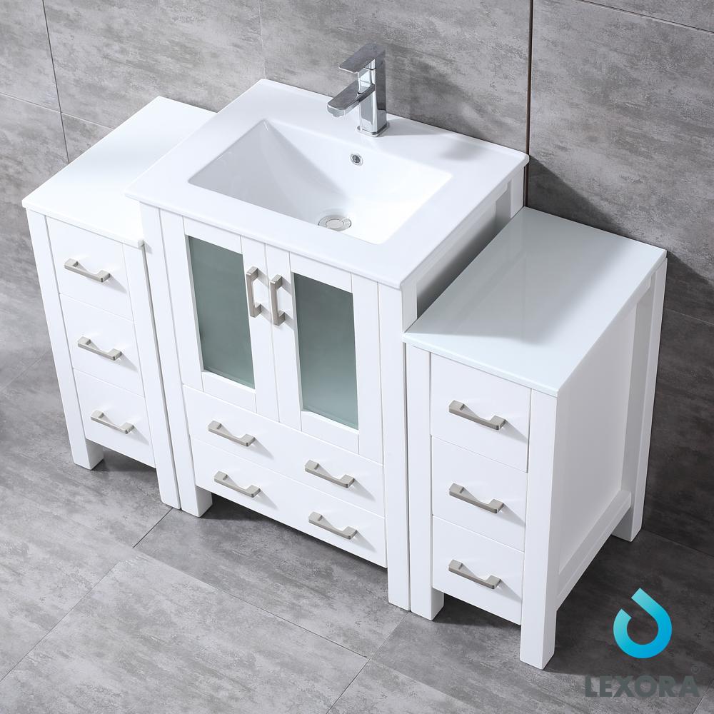 Volez 48" White Single Vanity w/ 2 Side Cabinets, Integrated Top, White Integrated Square Sink and 22" Mirror - Luxe Bathroom Vanities Luxury Bathroom Fixtures Bathroom Furniture