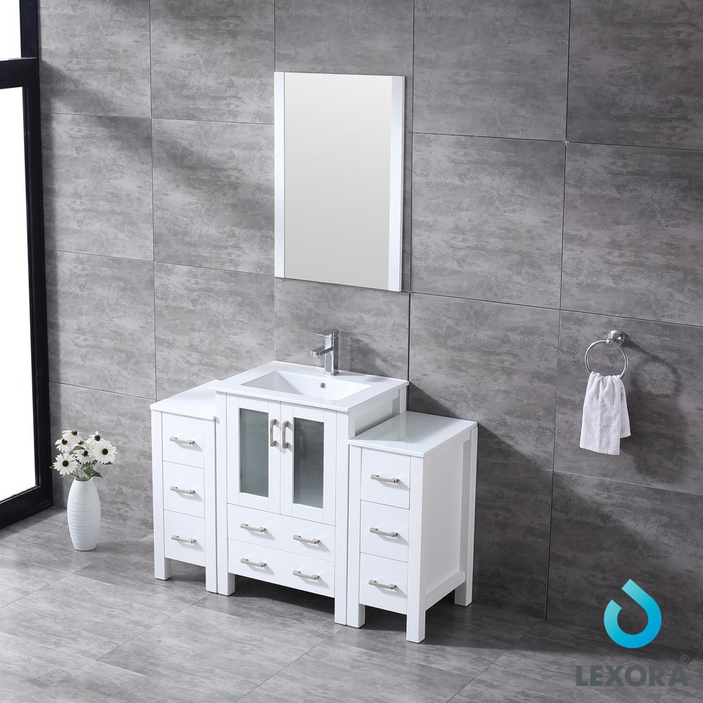 Volez 48" White Single Vanity w/ 2 Side Cabinets, Integrated Top, White Integrated Square Sink and 22" Mirror - Luxe Bathroom Vanities Luxury Bathroom Fixtures Bathroom Furniture