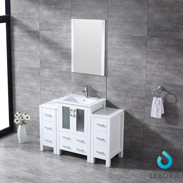 Volez 48" White Single Vanity w/ 2 Side Cabinets, Integrated Top, White Integrated Square Sink and 22" Mirror - Luxe Bathroom Vanities Luxury Bathroom Fixtures Bathroom Furniture