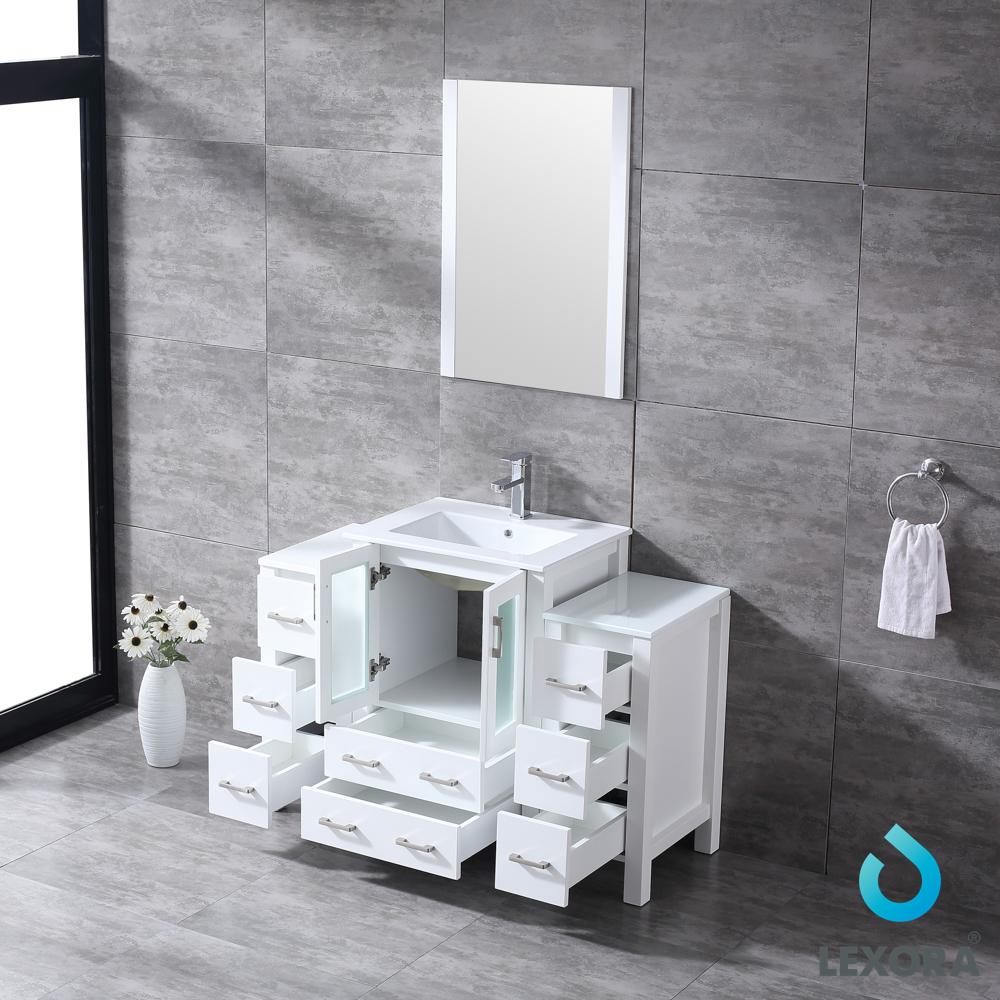 Volez 48" White Single Vanity w/ 2 Side Cabinets, Integrated Top, White Integrated Square Sink and 22" Mirror - Luxe Bathroom Vanities Luxury Bathroom Fixtures Bathroom Furniture