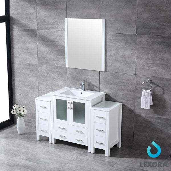Volez 54" White Single Vanity w/ 2 Side Cabinets, Integrated Top, White Integrated Square Sink and 28" Mirror - Luxe Bathroom Vanities Luxury Bathroom Fixtures Bathroom Furniture