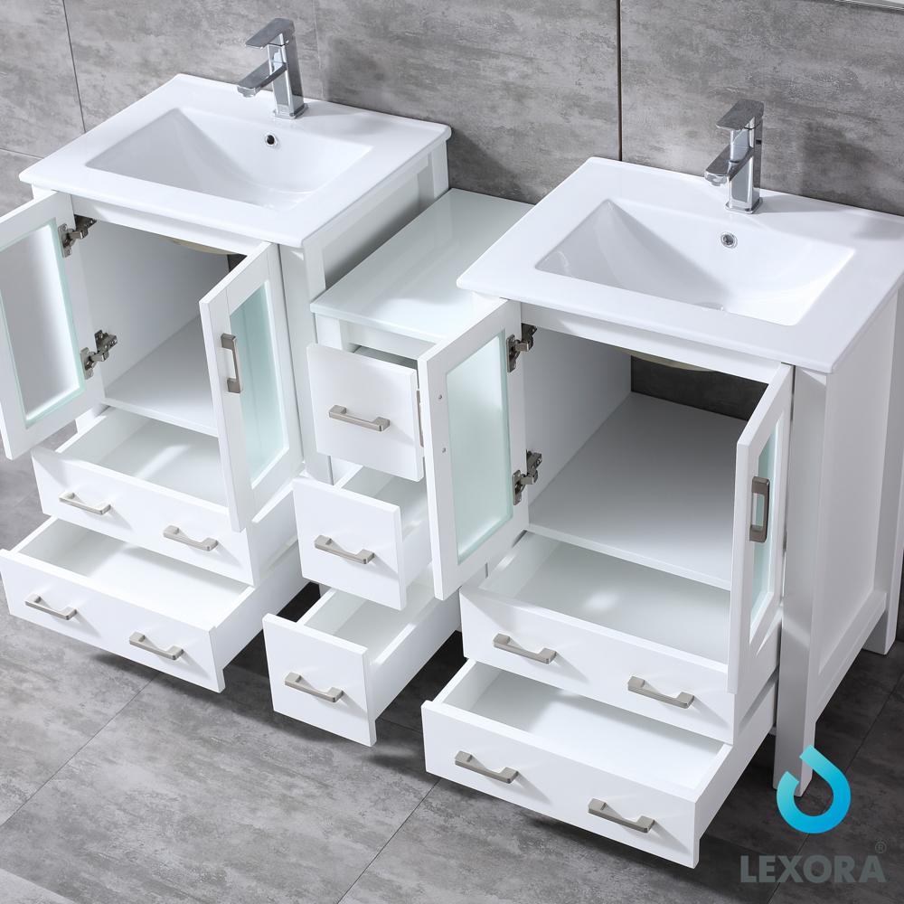 Volez 60" White Double Vanity w/ Side Cabinet, Integrated Top, White Integrated Square Sink and 22" Mirrors - Luxe Bathroom Vanities Luxury Bathroom Fixtures Bathroom Furniture