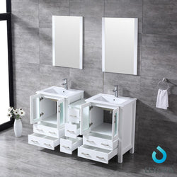 Volez 60" White Double Vanity w/ Side Cabinet, Integrated Top, White Integrated Square Sink and 22" Mirrors - Luxe Bathroom Vanities Luxury Bathroom Fixtures Bathroom Furniture