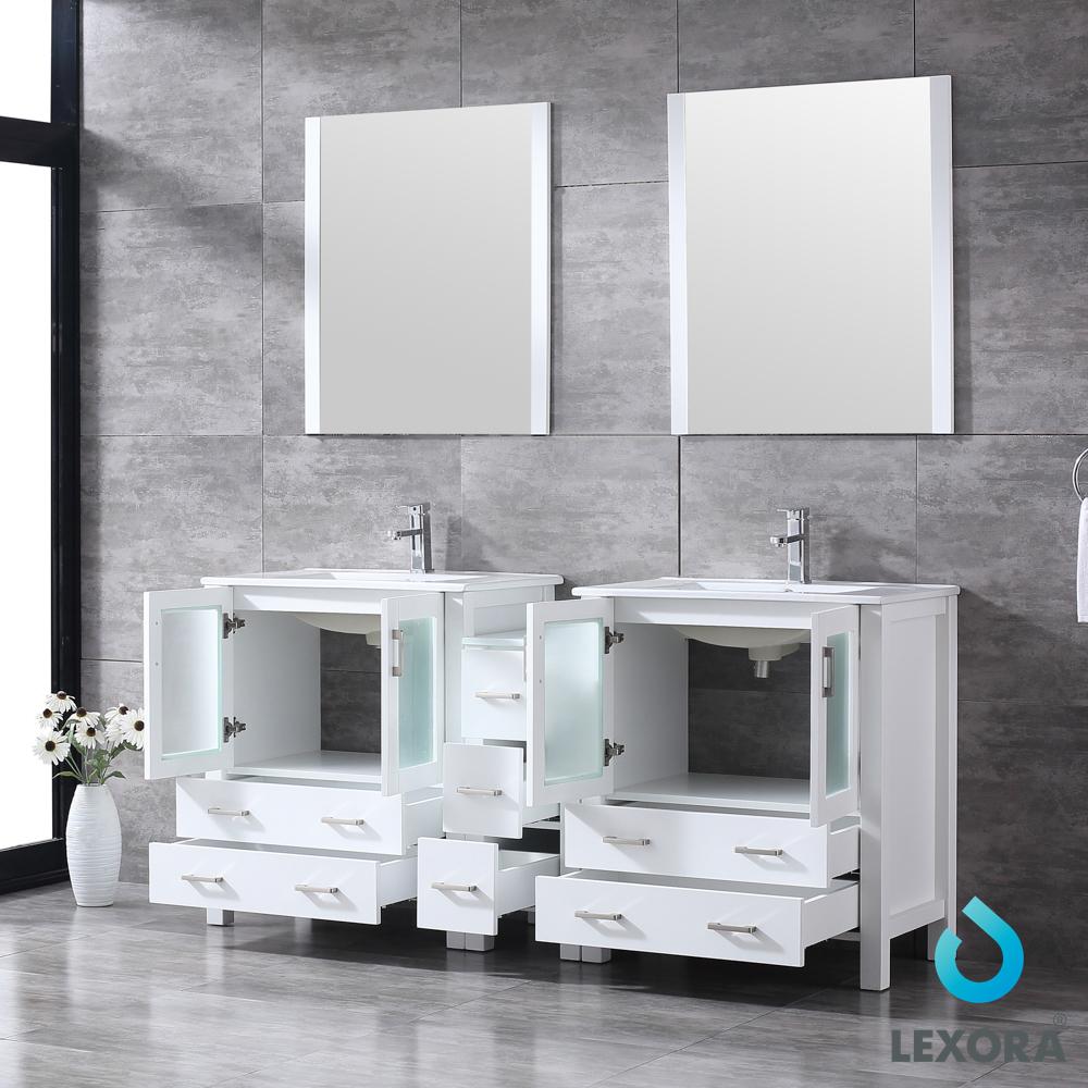 Volez 72" White Double Vanity w/ Side Cabinet, Integrated Top, White Integrated Square Sink and 28" Mirrors - Luxe Bathroom Vanities Luxury Bathroom Fixtures Bathroom Furniture