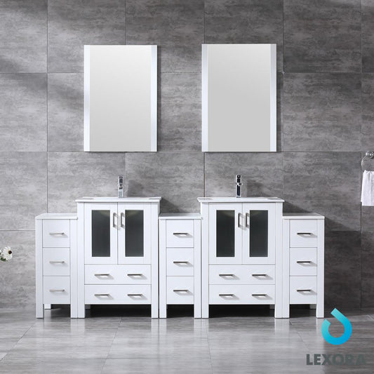 Volez 84" White Double Vanity w/ 3 Side Cabinets, Integrated Top, White Integrated Square Sink and 22" Mirrors - Luxe Bathroom Vanities Luxury Bathroom Fixtures Bathroom Furniture