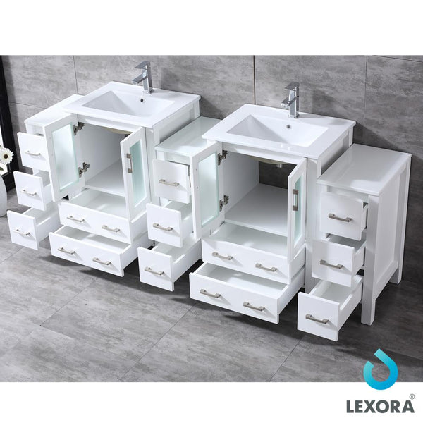 Volez 84" White Double Vanity w/ 3 Side Cabinets, Integrated Top, White Integrated Square Sink and 22" Mirrors - Luxe Bathroom Vanities Luxury Bathroom Fixtures Bathroom Furniture