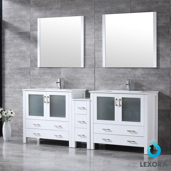 Volez 84" White Double Vanity w/ Side Cabinet, Integrated Top, White Integrated Square Sink and 34" Mirrors - Luxe Bathroom Vanities Luxury Bathroom Fixtures Bathroom Furniture