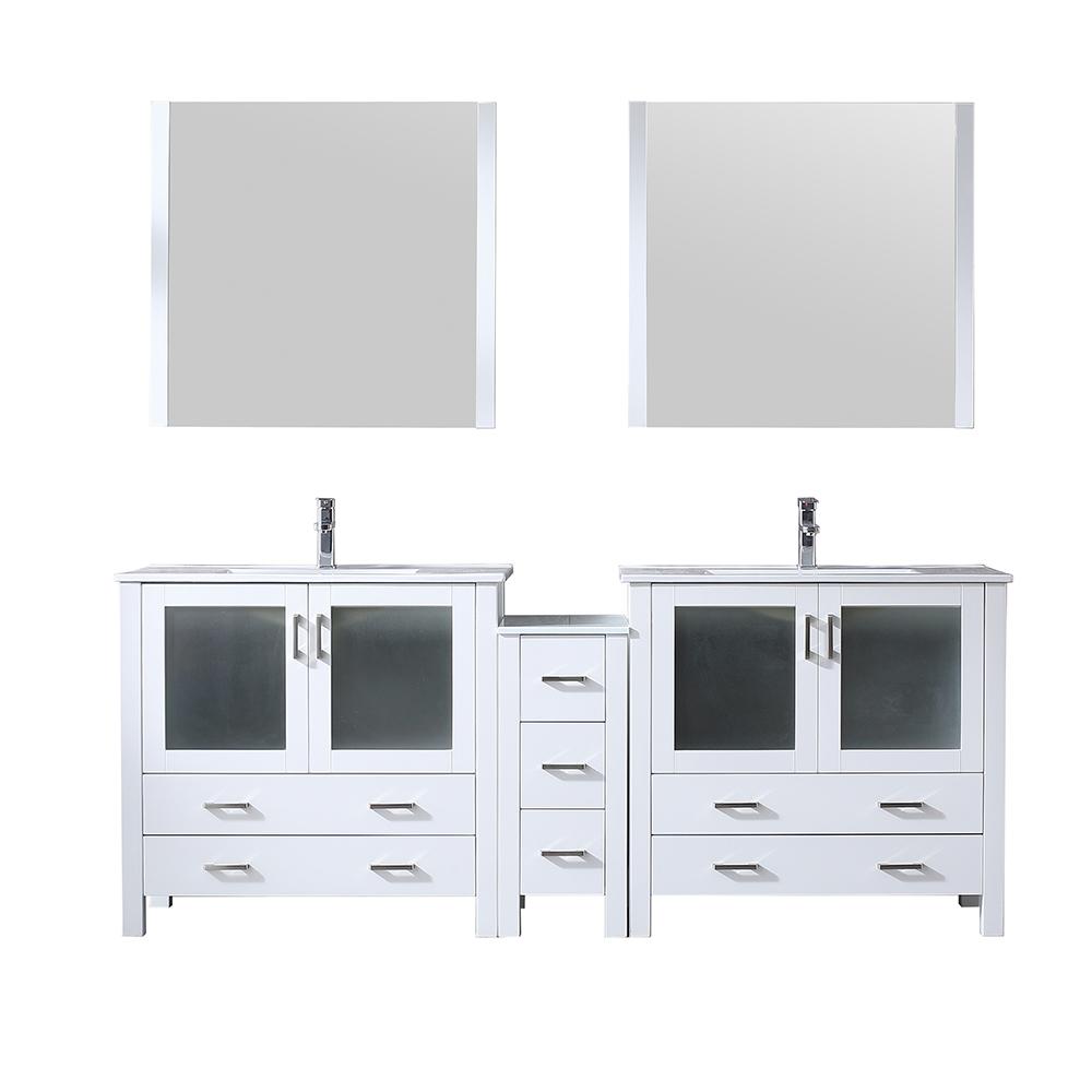 Volez 84" White Double Vanity w/ Side Cabinet, Integrated Top, White Integrated Square Sink and 34" Mirrors - Luxe Bathroom Vanities Luxury Bathroom Fixtures Bathroom Furniture