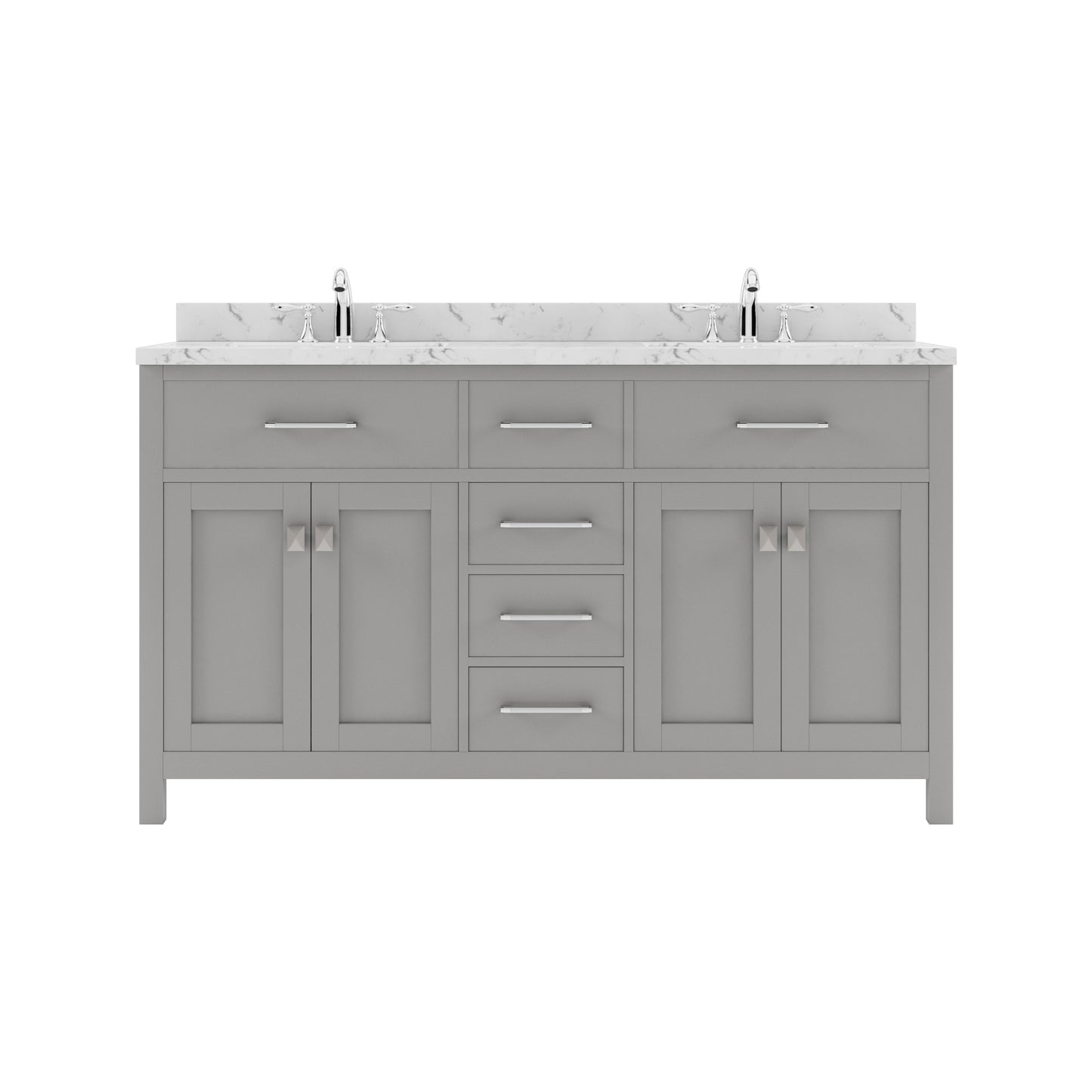 Virtu USA Caroline 60" Double Bath Vanity in Cashmere Gray with White Quartz Top and Round Sinks with Polished Chrome Faucets with Matching Mirror - Luxe Bathroom Vanities