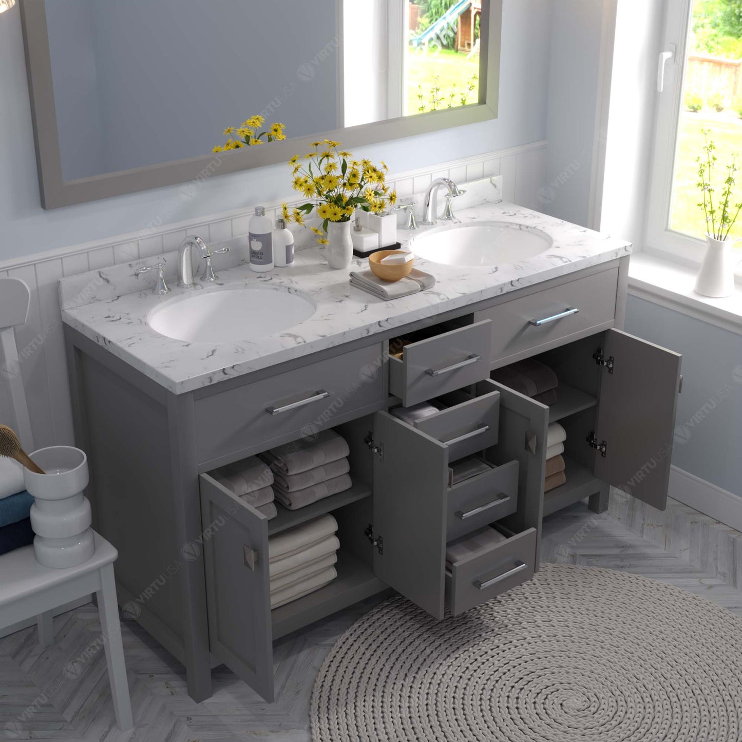 Virtu USA Caroline 60" Double Bath Vanity in Cashmere Gray with White Quartz Top and Round Sinks with Brushed Nickel Faucets with Matching Mirror - Luxe Bathroom Vanities