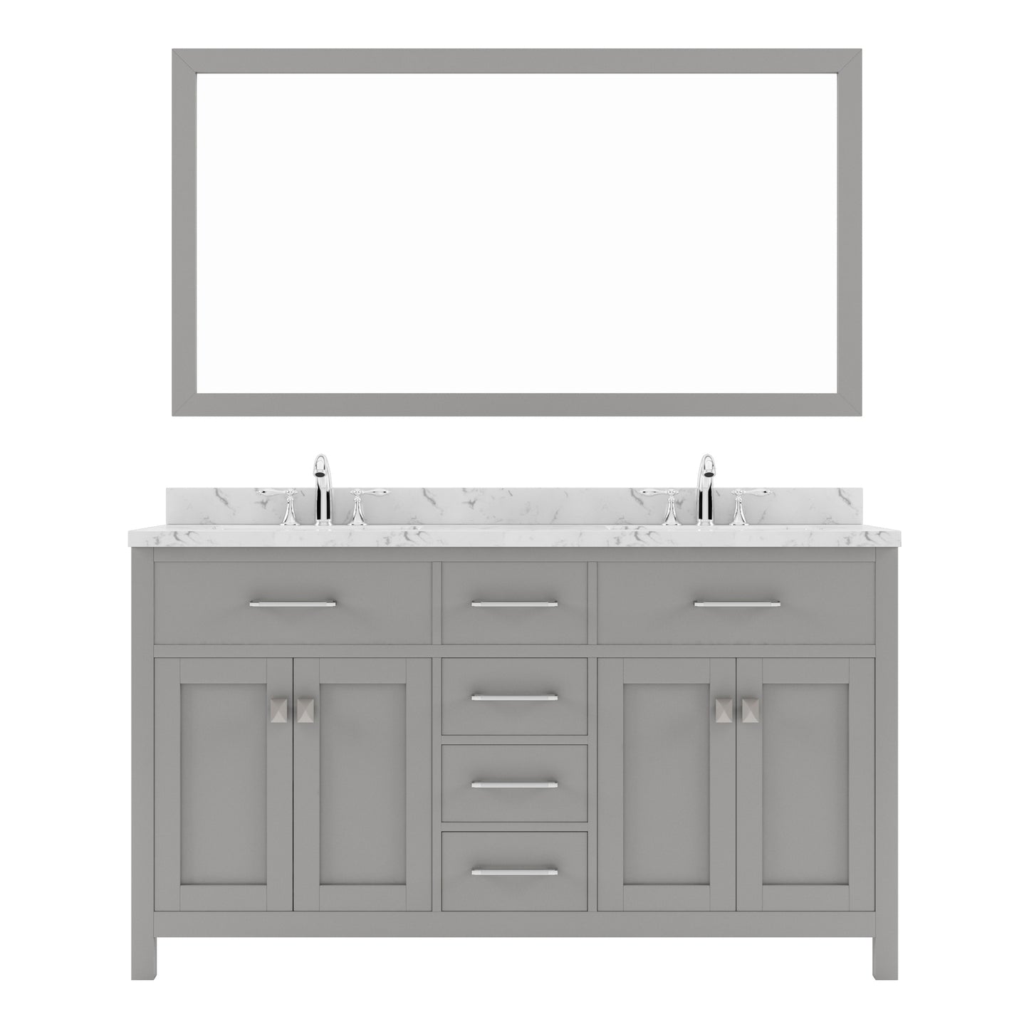 Virtu USA Caroline 60" Double Bath Vanity in Cashmere Gray with White Quartz Top and Round Sinks with Polished Chrome Faucets with Matching Mirror - Luxe Bathroom Vanities