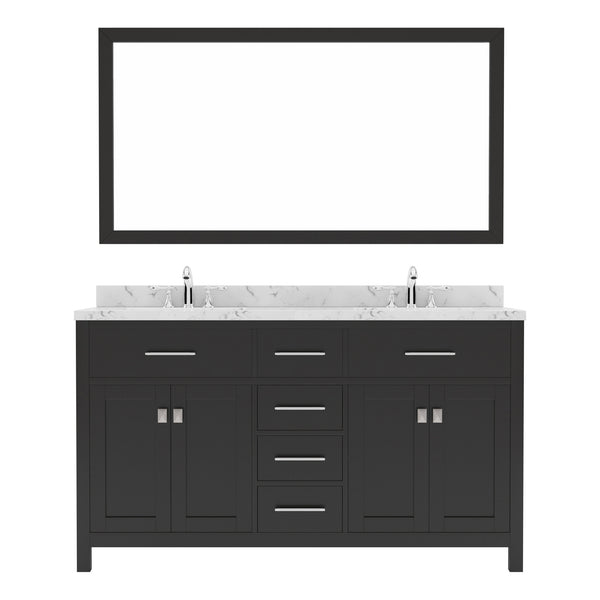 Virtu USA Caroline 60" Double Bath Vanity in Cashmere Gray with White Quartz Top and Square Sinks with Polished Chrome Faucets with Matching Mirror - Luxe Bathroom Vanities
