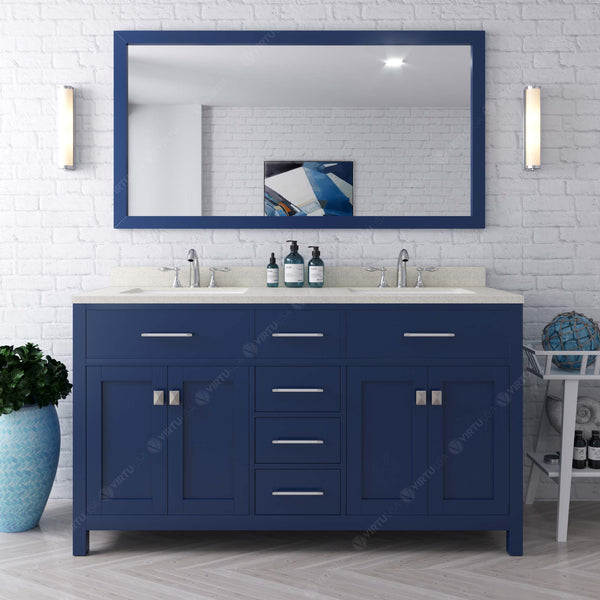 Virtu USA Caroline 60" Double Bath Vanity with Dazzle White Top and Round Sinks with Polished Chrome Faucets with Matching Mirror - Luxe Bathroom Vanities