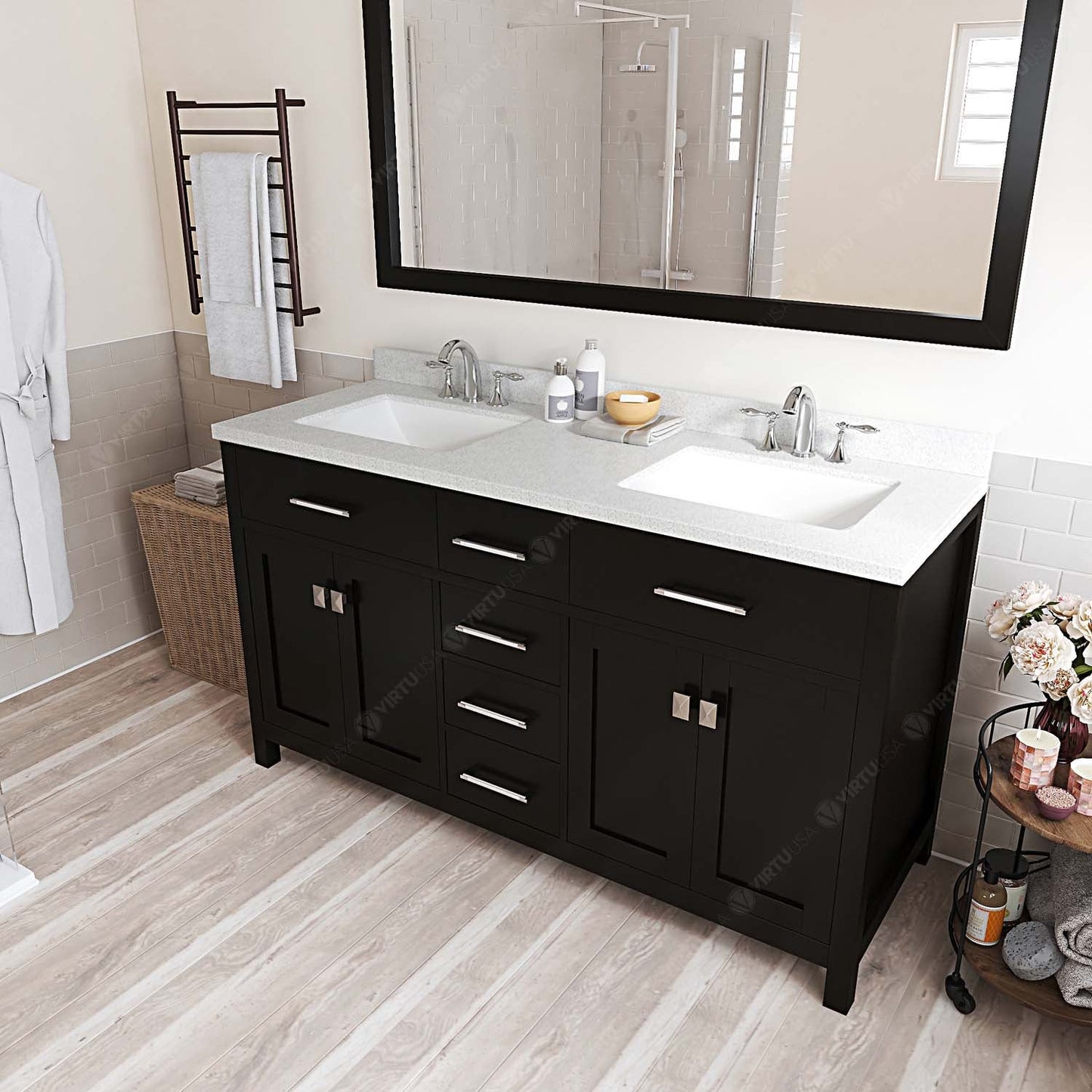 Virtu USA Caroline 60" Double Bath Vanity in Cashmere Grey with Dazzle White Top and Square Sink with Mirror - Luxe Bathroom Vanities